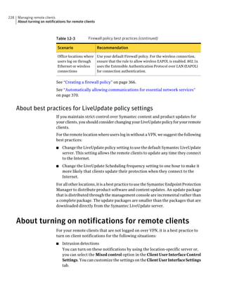 228   Managing remote clients
      About turning on notifications for remote clients



                              Table 12-3          Firewall policy best practices (continued)

                               Scenario                   Recommendation

                               Office locations where     Use your default Firewall policy. For the wireless connection,
                               users log on through       ensure that the rule to allow wireless EAPOL is enabled. 802.1x
                               Ethernet or wireless       uses the Extensible Authentication Protocol over LAN (EAPOL)
                               connections                for connection authentication.


                              See “Creating a firewall policy” on page 366.
                              See “Automatically allowing communications for essential network services”
                              on page 370.


      About best practices for LiveUpdate policy settings
                              If you maintain strict control over Symantec content and product updates for
                              your clients, you should consider changing your LiveUpdate policy for your remote
                              clients.
                              For the remote location where users log in without a VPN, we suggest the following
                              best practices:
                              ■   Change the LiveUpdate policy setting to use the default Symantec LiveUpdate
                                  server. This setting allows the remote clients to update any time they connect
                                  to the Internet.
                              ■   Change the LiveUpdate Scheduling frequency setting to one hour to make it
                                  more likely that clients update their protection when they connect to the
                                  Internet.
                              For all other locations, it is a best practice to use the Symantec Endpoint Protection
                              Manager to distribute product software and content updates. An update package
                              that is distributed through the management console are incremental rather than
                              a complete package. The update packages are smaller than the packages that are
                              downloaded directly from the Symantec LiveUpdate server.



      About turning on notifications for remote clients
                              For your remote clients that are not logged on over VPN, it is a best practice to
                              turn on client notifications for the following situations:
                              ■   Intrusion detections
                                  You can turn on these notifications by using the location-specific server or,
                                  you can select the Mixed control option in the Client User Interface Control
                                  Settings. You can customize the settings on the Client User Interface Settings
                                  tab.
 