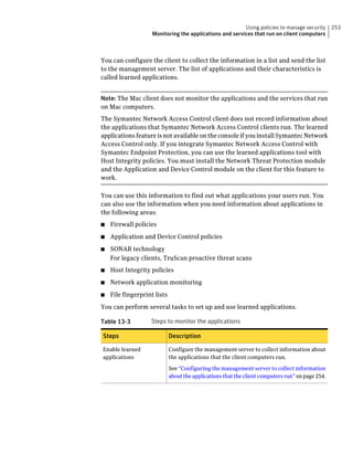 Using policies to manage security        253
                    Monitoring the applications and services that run on client computers



You can configure the client to collect the information in a list and send the list
to the management server. The list of applications and their characteristics is
called learned applications.


Note: The Mac client does not monitor the applications and the services that run
on Mac computers.
The Symantec Network Access Control client does not record information about
the applications that Symantec Network Access Control clients run. The learned
applications feature is not available on the console if you install Symantec Network
Access Control only. If you integrate Symantec Network Access Control with
Symantec Endpoint Protection, you can use the learned applications tool with
Host Integrity policies. You must install the Network Threat Protection module
and the Application and Device Control module on the client for this feature to
work.

You can use this information to find out what applications your users run. You
can also use the information when you need information about applications in
the following areas:
■   Firewall policies
■   Application and Device Control policies
■   SONAR technology
    For legacy clients, TruScan proactive threat scans
■   Host Integrity policies
■   Network application monitoring
■   File fingerprint lists
You can perform several tasks to set up and use learned applications.

Table 13-3         Steps to monitor the applications

Steps                        Description

Enable learned               Configure the management server to collect information about
applications                 the applications that the client computers run.
                             See “Configuring the management server to collect information
                             about the applications that the client computers run” on page 254.
 