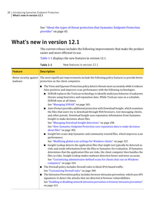 38   Introducing Symantec Endpoint Protection
     What's new in version 12.1



                             See “About the types of threat protection that Symantec Endpoint Protection
                             provides” on page 45.



     What's new in version 12.1
                             The current release includes the following improvements that make the product
                             easier and more efficient to use.
                             Table 1-1 displays the new features in version 12.1.

                             Table 1-1           New features in version 12.1

     Feature                Description

     Better security against The most significant improvements include the following policy features to provide better
     malware                 protection on the client computers.

                            ■ The Virus and Spyware Protection policy detects threats more accurately while it reduces
                              false positives and improves scan performance with the following technologies:
                              ■ SONAR replaces the TruScan technology to identify malicious behavior of unknown
                                  threats using heuristics and reputation data. While TruScan runs on a schedule,
                                  SONAR runs at all times.
                                  See “Managing SONAR” on page 345.
                              ■ Auto-Protect provides additional protection with Download Insight, which examines
                                  the files that users try to download through Web browsers, text messaging clients,
                                  and other portals. Download Insight uses reputation information from Symantec
                                  Insight to make decisions about files.
                                  See “Managing Download Insight detections” on page 298.
                                  See “How Symantec Endpoint Protection uses reputation data to make decisions
                                  about files” on page 302.
                              ■ Insight lets scans skip Symantec and community trusted files, which improves scan
                                  performance.
                                  See “Modifying global scan settings for Windows clients” on page 327.
                              ■ Insight Lookup detects the application files that might not typically be detected as
                                  risks and sends information from the files to Symantec for evaluation. If Symantec
                                  determines that the application files are risks, the client computer then handles the
                                  files as risks. Insight Lookup makes malware detection faster and more accurate.
                                  See “Customizing administrator-defined scans for clients that run on Windows
                                  computers” on page 324.
                            ■ The Firewall policy includes firewall rules to block IPv6-based traffic.
                              See “Customizing firewall rules” on page 399.
                            ■ The Intrusion Prevention policy includes browser intrusion prevention, which uses IPS
                              signatures to detect the attacks that are directed at browser vulnerabilities.
                              See “Enabling or disabling network intrusion prevention or browser intrusion prevention”
                              on page 415.
 