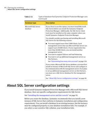 84   Planning the installation
     About SQL Server configuration settings



                            Table 2-11         Types of database that Symantec Endpoint Protection Manager uses
                                               (continued)

                             Database type              Description

                             Microsoft SQL Server       If you chose to use this option, you must install Microsoft
                             database                   SQL Server before you install the Symantec Endpoint
                                                        Protection Manager. Additionally, the SQL Server client
                                                        tools must be installed on the same computer where you
                                                        install Symantec Endpoint Protection Manager.

                                                        You should consider purchasing and installing Microsoft
                                                        SQL Server for the following reasons:

                                                        ■ You must support more than 5,000 clients. Each
                                                          management server that uses Microsoft SQL Server can
                                                          support up to 50,000 clients. If your organization has
                                                          more than 50,000 clients, you can install another
                                                          management server.
                                                        ■ You want to support failover and load balancing.
                                                        ■   You want to set up additional management servers as
                                                            Site Partners.
                                                            See “Determining how many sites you need” on page 159.

                                                        If you create a Microsoft SQL Server database, you must first
                                                        install an instance of Microsoft SQL Server and configure it
                                                        for communication with the management server. If you plan
                                                        to set up additional management servers as Site Partners,
                                                        you must use a SQL Server database for the management
                                                        server.

                                                        See “About SQL Server configuration settings” on page 84.




     About SQL Server configuration settings
                            If you install Symantec Endpoint Protection Manager with a Microsoft SQL Server
                            database, there are specific configuration requirements for SQL Server.
                            See “Installing the management server and the console” on page 91.
                            Before you create the database, Symantec recommends that you install a new
                            instance of SQL Server that conforms to Symantec installation and configuration
                            requirements. You can install a database in an existing instance, but the instance
                            must be configured properly or your database installation fails. For example, if
                            you select a case-sensitive SQL collation, your installation fails.
 
