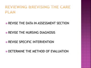  REVISE THE DATA IN ASSESSMENT SECTION
 REVISE THE NURSING DIAGNOSIS
 REVISE SPECIFIC INTERVENTION
 DETERMINE THE METHOD OF EVALUATION
 