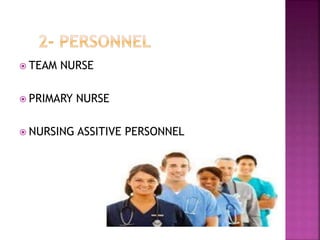  TEAM NURSE
 PRIMARY NURSE
 NURSING ASSITIVE PERSONNEL
 