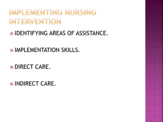  IDENTIFYING AREAS OF ASSISTANCE.
 IMPLEMENTATION SKILLS.
 DIRECT CARE.
 INDIRECT CARE.
 