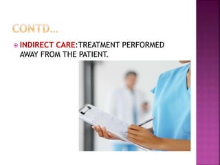 INDIRECT CARE:TREATMENT PERFORMED
AWAY FROM THE PATIENT.
 
