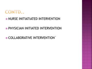  NURSE INITIATIATED INTERVENTION
 PHYSICIAN INITIATED INTERVENTION
 COLLABORATIVE INTERVENTION`
 