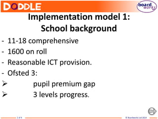 © Boardworks Ltd 20142 of 4
Implementation model 1:
School background
- 11-18 comprehensive
- 1600 on roll
- Reasonable ICT provision.
- Ofsted 3:
 pupil premium gap
 3 levels progress.
 
