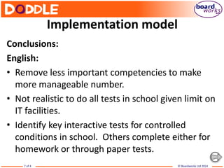 © Boardworks Ltd 20147 of 4
Implementation model
Conclusions:
English:
• Remove less important competencies to make
more manageable number.
• Not realistic to do all tests in school given limit on
IT facilities.
• Identify key interactive tests for controlled
conditions in school. Others complete either for
homework or through paper tests.
 