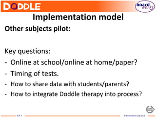© Boardworks Ltd 20149 of 4
Implementation model
Other subjects pilot:
Key questions:
- Online at school/online at home/paper?
- Timing of tests.
- How to share data with students/parents?
- How to integrate Doddle therapy into process?
 