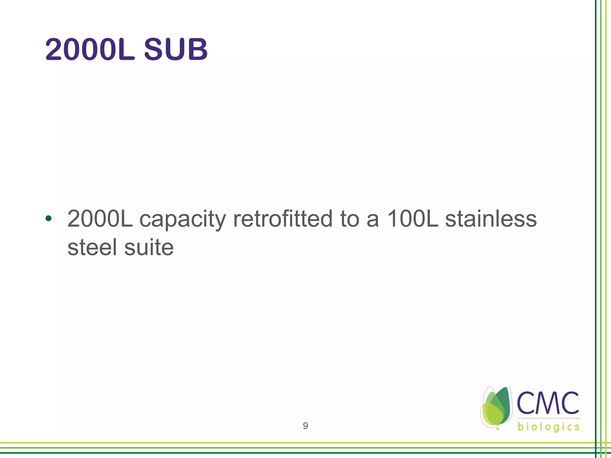 2000L SUB




• 2000L capacity retrofitted to a 100L stainless
  steel suite




                         9
 