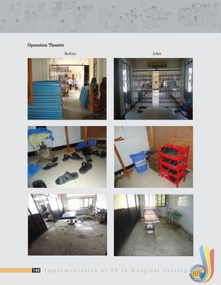 140 I m p l e m e n t a t i o n o f 5 S i n H o s p i t a l S e t t i n g SORT
SUSTAIN
SET
SHINE
STANDARDIZE
5S
Operation Theatre
Before After
 