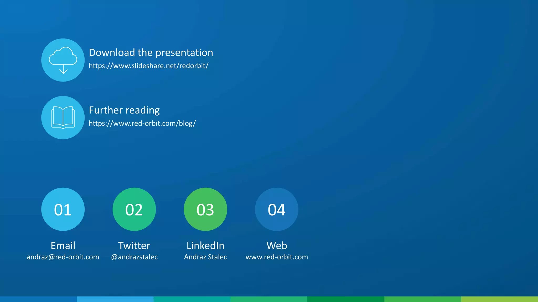 https://www.slideshare.net/redorbit/
01 02 03 04
Email
andraz@red-orbit.com
Twitter
@andrazstalec
LinkedIn
Andraz Stalec
Web
www.red-orbit.com
Download the presentation
https://www.red-orbit.com/blog/
Further reading
 