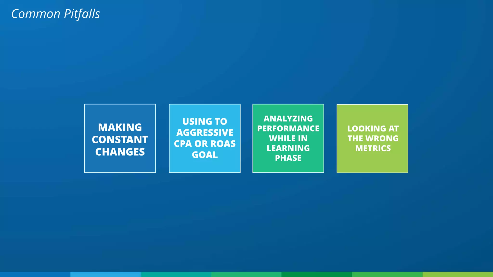 Common Pitfalls
MAKING
CONSTANT
CHANGES
USING TO
AGGRESSIVE
CPA OR ROAS
GOAL
ANALYZING
PERFORMANCE
WHILE IN
LEARNING
PHASE
LOOKING AT
THE WRONG
METRICS
 
