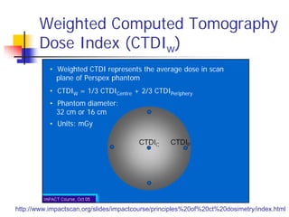Weighted Computed Tomography
Dose Index (CTDIw)
http://www.impactscan.org/slides/impactcourse/principles%20of%20ct%20dosimetry/index.html
• Weighted CTDI represents the average dose in scan
plane of Perspex phantom
• CTDIW = 1/3 CTDICentre + 2/3 CTDIPeriphery
• Phantom diameter:
32 cm or 16 cm
• Units: mGy
 