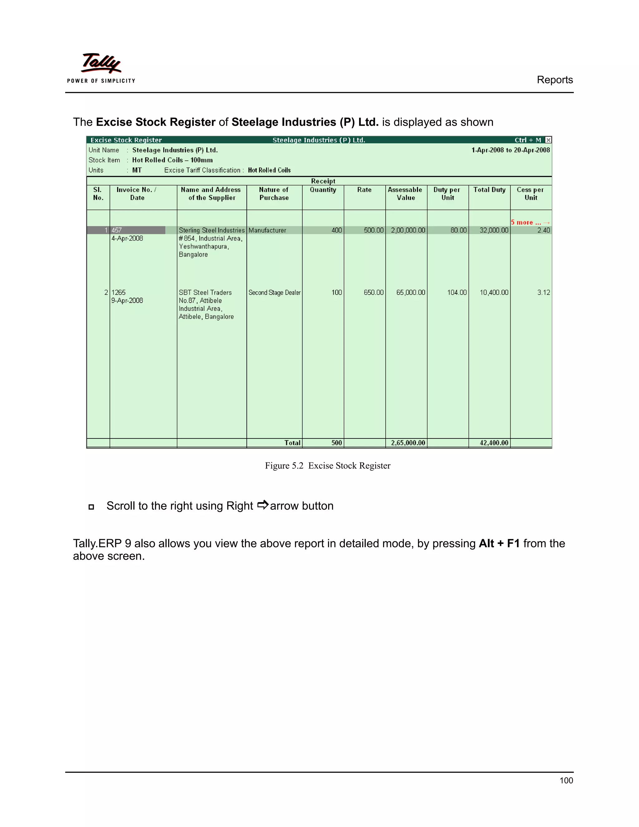 Reports



The Excise Stock Register of Steelage Industries (P) Ltd. is displayed as shown




                                        Figure 5.2 Excise Stock Register



      Scroll to the right using Right    arrow button


Tally.ERP 9 also allows you view the above report in detailed mode, by pressing Alt + F1 from the
above screen.




                                                                                               100
 