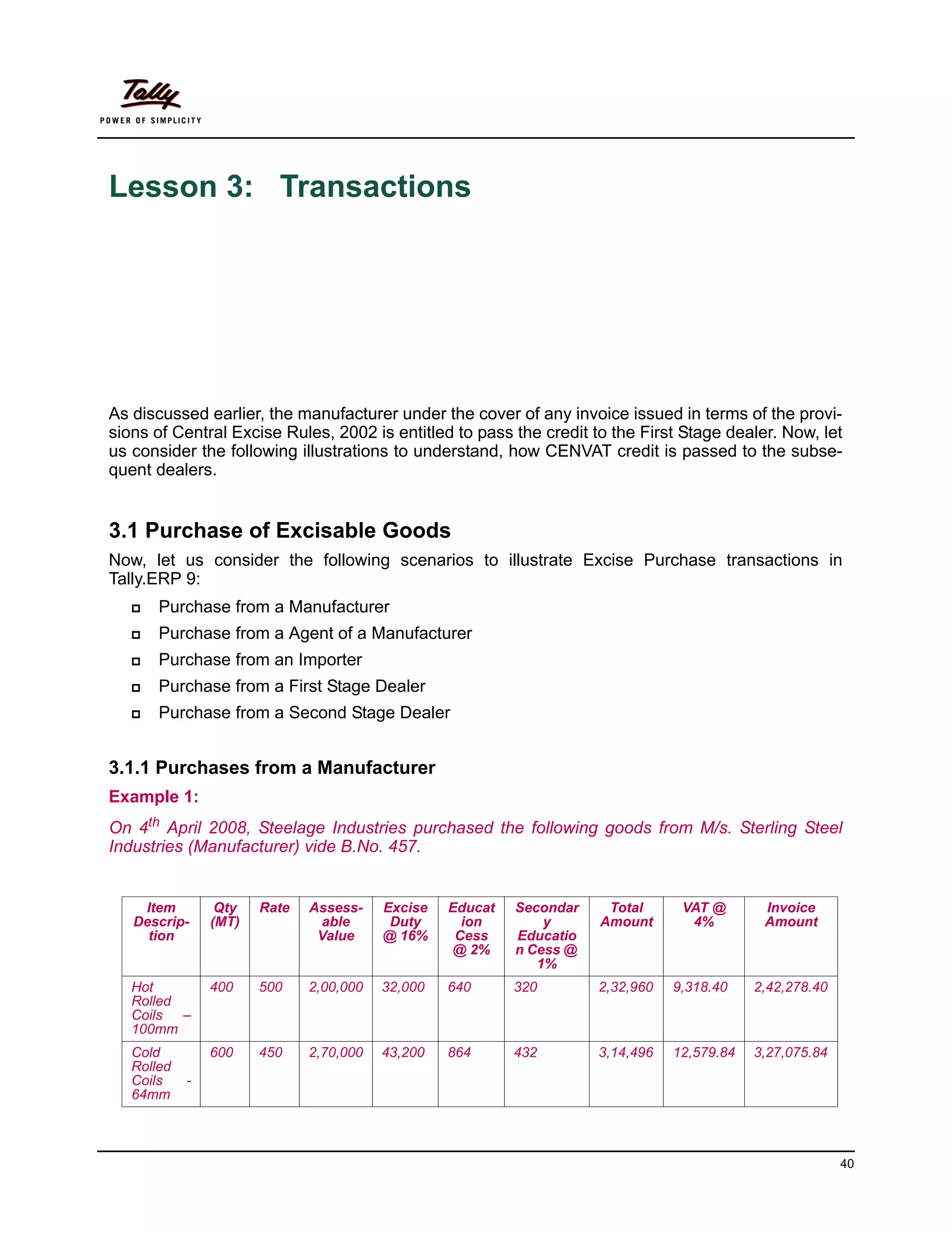 Lesson 3: Transactions




As discussed earlier, the manufacturer under the cover of any invoice issued in terms of the provi-
sions of Central Excise Rules, 2002 is entitled to pass the credit to the First Stage dealer. Now, let
us consider the following illustrations to understand, how CENVAT credit is passed to the subse-
quent dealers.


3.1 Purchase of Excisable Goods
Now, let us consider the following scenarios to illustrate Excise Purchase transactions in
Tally.ERP 9:
       Purchase from a Manufacturer
       Purchase from a Agent of a Manufacturer
       Purchase from an Importer
       Purchase from a First Stage Dealer
       Purchase from a Second Stage Dealer


3.1.1 Purchases from a Manufacturer
Example 1:
On 4th April 2008, Steelage Industries purchased the following goods from M/s. Sterling Steel
Industries (Manufacturer) vide B.No. 457.


    Item         Qty   Rate   Assess-    Excise   Educat   Secondar    Total      VAT @       Invoice
   Descrip-     (MT)           able       Duty      ion        y      Amount       4%         Amount
     tion                      Value     @ 16%     Cess    Educatio
                                                  @ 2%     n Cess @
                                                              1%
   Hot          400    500    2,00,000   32,000   640      320        2,32,960   9,318.40    2,42,278.40
   Rolled
   Coils –
   100mm
   Cold         600    450    2,70,000   43,200   864      432        3,14,496   12,579.84   3,27,075.84
   Rolled
   Coils    -
   64mm



                                                                                                           40
 