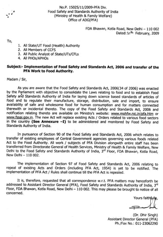 Implementation of fssa and transfer of the pfa work to food authority