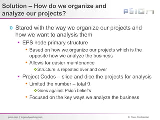 © Psion Confidential
psion.com | ingenuityworking.com
Solution – How do we organize and
analyze our projects?
» Stared with the way we organize our projects and
how we want to analysis them
 EPS node primary structure
• Based on how we organize our projects which is the
opposite how we analyze the business
• Allows for easier maintenance
Structure is repeated over and over
 Project Codes – slice and dice the projects for analysis
• Limited the number – total 9
Goes against Psion belief’s
• Focused on the key ways we analyze the business
 