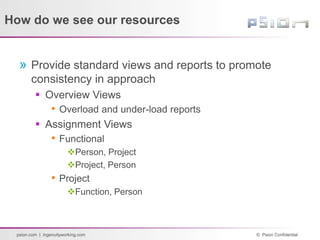 © Psion Confidential
psion.com | ingenuityworking.com
How do we see our resources
» Provide standard views and reports to promote
consistency in approach
 Overview Views
• Overload and under-load reports
 Assignment Views
• Functional
Person, Project
Project, Person
• Project
Function, Person
 
