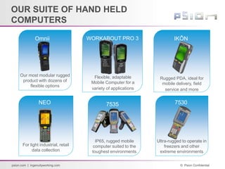 © Psion Confidential
psion.com | ingenuityworking.com
IKÔN
WORKABOUT PRO 3
NEO 7535 7530
For light industrial, retail
data collection
Flexible, adaptable
Mobile Computer for a
variety of applications
Rugged PDA, ideal for
mobile delivery, field
service and more
IP65, rugged mobile
computer suited to the
toughest environments
Ultra-rugged to operate in
freezers and other
extreme environments
OUR SUITE OF HAND HELD
COMPUTERS
Omnii
Our most modular rugged
product with dozens of
flexible options
 