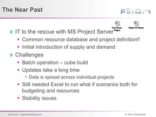© Psion Confidential
psion.com | ingenuityworking.com
The Near Past
» IT to the rescue with MS Project Server
 Common resource database and project definition!!
 Initial introduction of supply and demand
» Challenges
 Batch operation – cube build
 Updates take a long time
• Data is spread across individual projects
 Still needed Excel to run what if scenarios both for
budgeting and resources
 Stability issues
 