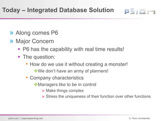 © Psion Confidential
psion.com | ingenuityworking.com
Today – Integrated Database Solution
» Along comes P6
» Major Concern
 P6 has the capability with real time results!
 The question:
• How do we use it without creating a monster!
We don’t have an army of planners!
• Company characteristics
Managers like to be in control
 Make things complex
 Stress the uniqueness of their function over other functions
 