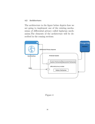 4.2 Architecture:
The architecture in the figure below depicts how we
are going to implement one of the existing mecha-
nisms of differential privacy called laplacian mech-
anism.The elements of the architecture will be de-
scribed in the coming sections.
Figure 4
36
 