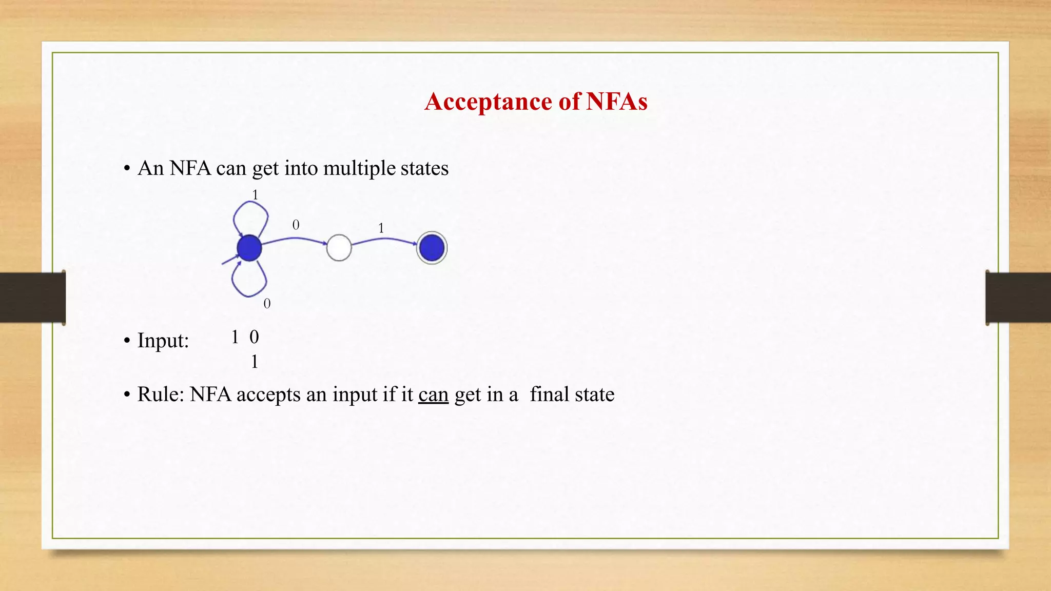 Acceptance of NFAs
• An NFA can get into multiple states
1
0
0
1
• Input: 1 0
1
• Rule: NFA accepts an input if it can get in a final state
 