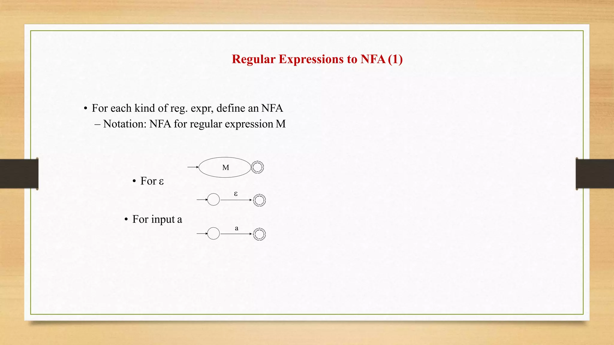 Regular Expressions to NFA(1)
• For each kind of reg. expr, define an NFA
– Notation: NFA for regular expression M
• For 
• For input a
M

a
 