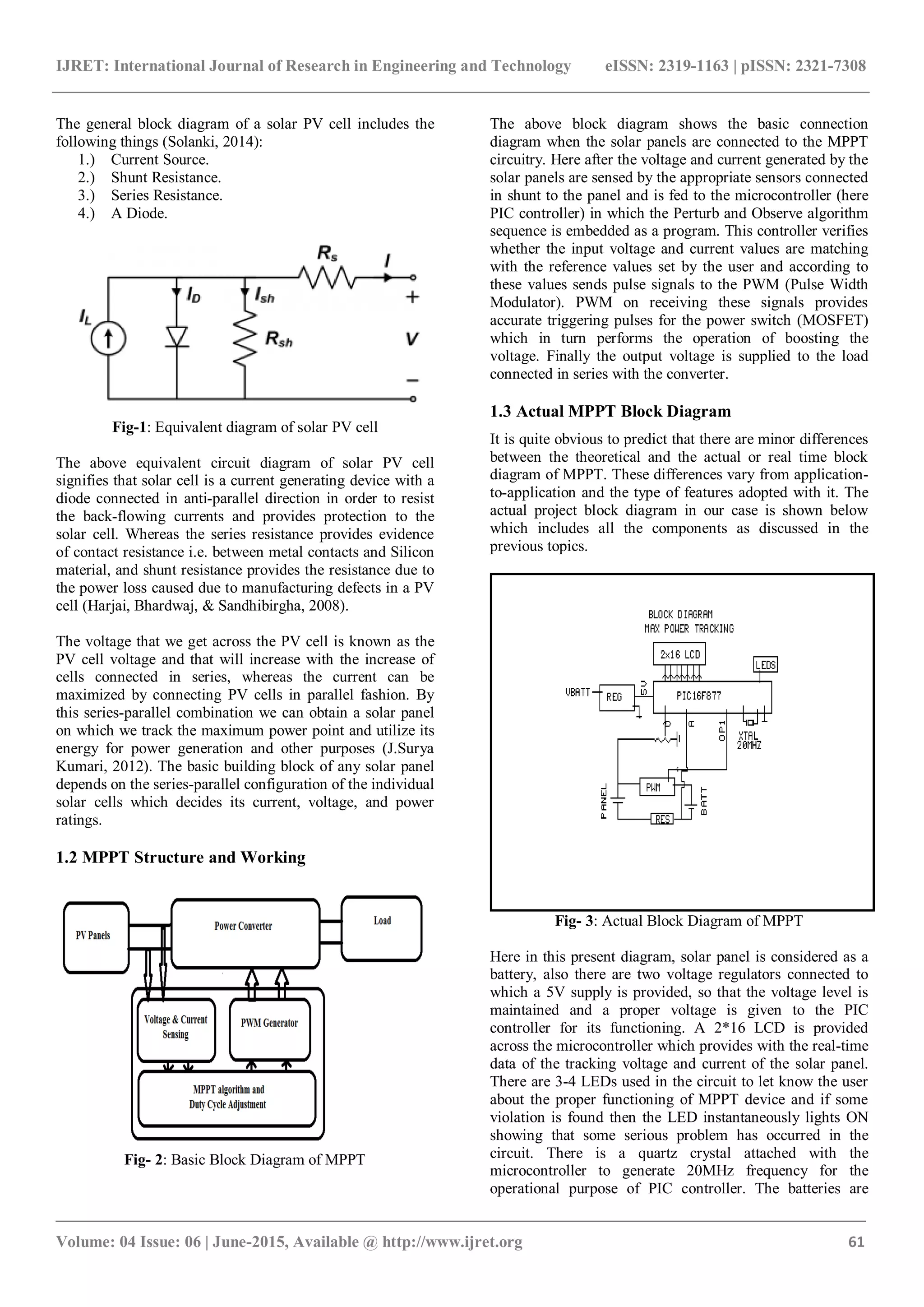 IJRET: International Journal of Research in Engineering and Technology eISSN: 2319-1163 | pISSN: 2321-7308 _______________________________________________________________________________________ Volume: 04 Issue: 06 | June-2015, Available @ http://www.ijret.org 61 The general block diagram of a solar PV cell includes the following things (Solanki, 2014): 1.) Current Source. 2.) Shunt Resistance. 3.) Series Resistance. 4.) A Diode. Fig-1: Equivalent diagram of solar PV cell The above equivalent circuit diagram of solar PV cell signifies that solar cell is a current generating device with a diode connected in anti-parallel direction in order to resist the back-flowing currents and provides protection to the solar cell. Whereas the series resistance provides evidence of contact resistance i.e. between metal contacts and Silicon material, and shunt resistance provides the resistance due to the power loss caused due to manufacturing defects in a PV cell (Harjai, Bhardwaj, & Sandhibirgha, 2008). The voltage that we get across the PV cell is known as the PV cell voltage and that will increase with the increase of cells connected in series, whereas the current can be maximized by connecting PV cells in parallel fashion. By this series-parallel combination we can obtain a solar panel on which we track the maximum power point and utilize its energy for power generation and other purposes (J.Surya Kumari, 2012). The basic building block of any solar panel depends on the series-parallel configuration of the individual solar cells which decides its current, voltage, and power ratings. 1.2 MPPT Structure and Working Fig- 2: Basic Block Diagram of MPPT The above block diagram shows the basic connection diagram when the solar panels are connected to the MPPT circuitry. Here after the voltage and current generated by the solar panels are sensed by the appropriate sensors connected in shunt to the panel and is fed to the microcontroller (here PIC controller) in which the Perturb and Observe algorithm sequence is embedded as a program. This controller verifies whether the input voltage and current values are matching with the reference values set by the user and according to these values sends pulse signals to the PWM (Pulse Width Modulator). PWM on receiving these signals provides accurate triggering pulses for the power switch (MOSFET) which in turn performs the operation of boosting the voltage. Finally the output voltage is supplied to the load connected in series with the converter. 1.3 Actual MPPT Block Diagram It is quite obvious to predict that there are minor differences between the theoretical and the actual or real time block diagram of MPPT. These differences vary from application- to-application and the type of features adopted with it. The actual project block diagram in our case is shown below which includes all the components as discussed in the previous topics. Fig- 3: Actual Block Diagram of MPPT Here in this present diagram, solar panel is considered as a battery, also there are two voltage regulators connected to which a 5V supply is provided, so that the voltage level is maintained and a proper voltage is given to the PIC controller for its functioning. A 2*16 LCD is provided across the microcontroller which provides with the real-time data of the tracking voltage and current of the solar panel. There are 3-4 LEDs used in the circuit to let know the user about the proper functioning of MPPT device and if some violation is found then the LED instantaneously lights ON showing that some serious problem has occurred in the circuit. There is a quartz crystal attached with the microcontroller to generate 20MHz frequency for the operational purpose of PIC controller. The batteries are 