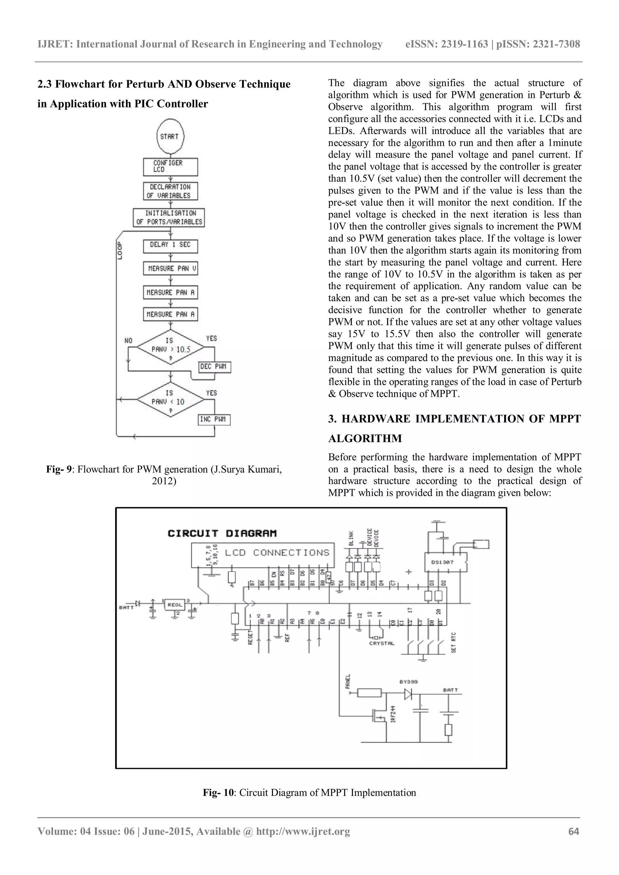 IJRET: International Journal of Research in Engineering and Technology eISSN: 2319-1163 | pISSN: 2321-7308 _______________________________________________________________________________________ Volume: 04 Issue: 06 | June-2015, Available @ http://www.ijret.org 64 2.3 Flowchart for Perturb AND Observe Technique in Application with PIC Controller Fig- 9: Flowchart for PWM generation (J.Surya Kumari, 2012) The diagram above signifies the actual structure of algorithm which is used for PWM generation in Perturb & Observe algorithm. This algorithm program will first configure all the accessories connected with it i.e. LCDs and LEDs. Afterwards will introduce all the variables that are necessary for the algorithm to run and then after a 1minute delay will measure the panel voltage and panel current. If the panel voltage that is accessed by the controller is greater than 10.5V (set value) then the controller will decrement the pulses given to the PWM and if the value is less than the pre-set value then it will monitor the next condition. If the panel voltage is checked in the next iteration is less than 10V then the controller gives signals to increment the PWM and so PWM generation takes place. If the voltage is lower than 10V then the algorithm starts again its monitoring from the start by measuring the panel voltage and current. Here the range of 10V to 10.5V in the algorithm is taken as per the requirement of application. Any random value can be taken and can be set as a pre-set value which becomes the decisive function for the controller whether to generate PWM or not. If the values are set at any other voltage values say 15V to 15.5V then also the controller will generate PWM only that this time it will generate pulses of different magnitude as compared to the previous one. In this way it is found that setting the values for PWM generation is quite flexible in the operating ranges of the load in case of Perturb & Observe technique of MPPT. 3. HARDWARE IMPLEMENTATION OF MPPT ALGORITHM Before performing the hardware implementation of MPPT on a practical basis, there is a need to design the whole hardware structure according to the practical design of MPPT which is provided in the diagram given below: Fig- 10: Circuit Diagram of MPPT Implementation 