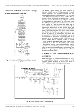 IJRET: International Journal of Research in Engineering and Technology eISSN: 2319-1163 | pISSN: 2321-7308
_______________________________________________________________________________________
Volume: 04 Issue: 06 | June-2015, Available @ http://www.ijret.org 64
2.3 Flowchart for Perturb AND Observe Technique
in Application with PIC Controller
Fig- 9: Flowchart for PWM generation (J.Surya Kumari,
2012)
The diagram above signifies the actual structure of
algorithm which is used for PWM generation in Perturb &
Observe algorithm. This algorithm program will first
configure all the accessories connected with it i.e. LCDs and
LEDs. Afterwards will introduce all the variables that are
necessary for the algorithm to run and then after a 1minute
delay will measure the panel voltage and panel current. If
the panel voltage that is accessed by the controller is greater
than 10.5V (set value) then the controller will decrement the
pulses given to the PWM and if the value is less than the
pre-set value then it will monitor the next condition. If the
panel voltage is checked in the next iteration is less than
10V then the controller gives signals to increment the PWM
and so PWM generation takes place. If the voltage is lower
than 10V then the algorithm starts again its monitoring from
the start by measuring the panel voltage and current. Here
the range of 10V to 10.5V in the algorithm is taken as per
the requirement of application. Any random value can be
taken and can be set as a pre-set value which becomes the
decisive function for the controller whether to generate
PWM or not. If the values are set at any other voltage values
say 15V to 15.5V then also the controller will generate
PWM only that this time it will generate pulses of different
magnitude as compared to the previous one. In this way it is
found that setting the values for PWM generation is quite
flexible in the operating ranges of the load in case of Perturb
& Observe technique of MPPT.
3. HARDWARE IMPLEMENTATION OF MPPT
ALGORITHM
Before performing the hardware implementation of MPPT
on a practical basis, there is a need to design the whole
hardware structure according to the practical design of
MPPT which is provided in the diagram given below:
Fig- 10: Circuit Diagram of MPPT Implementation
 