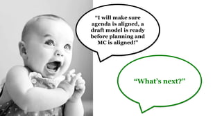 “I will make sure
agenda is aligned, a
draft model is ready
before planning and
MC is aligned!”
“What’s next?”
 