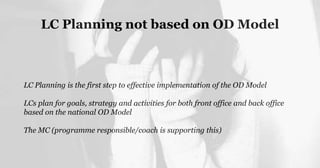 LC Planning not based on OD Model
LC Planning is the first step to effective implementation of the OD Model
LCs plan for goals, strategy and activities for both front office and back office
based on the national OD Model
The MC (programme responsible/coach is supporting this)
 