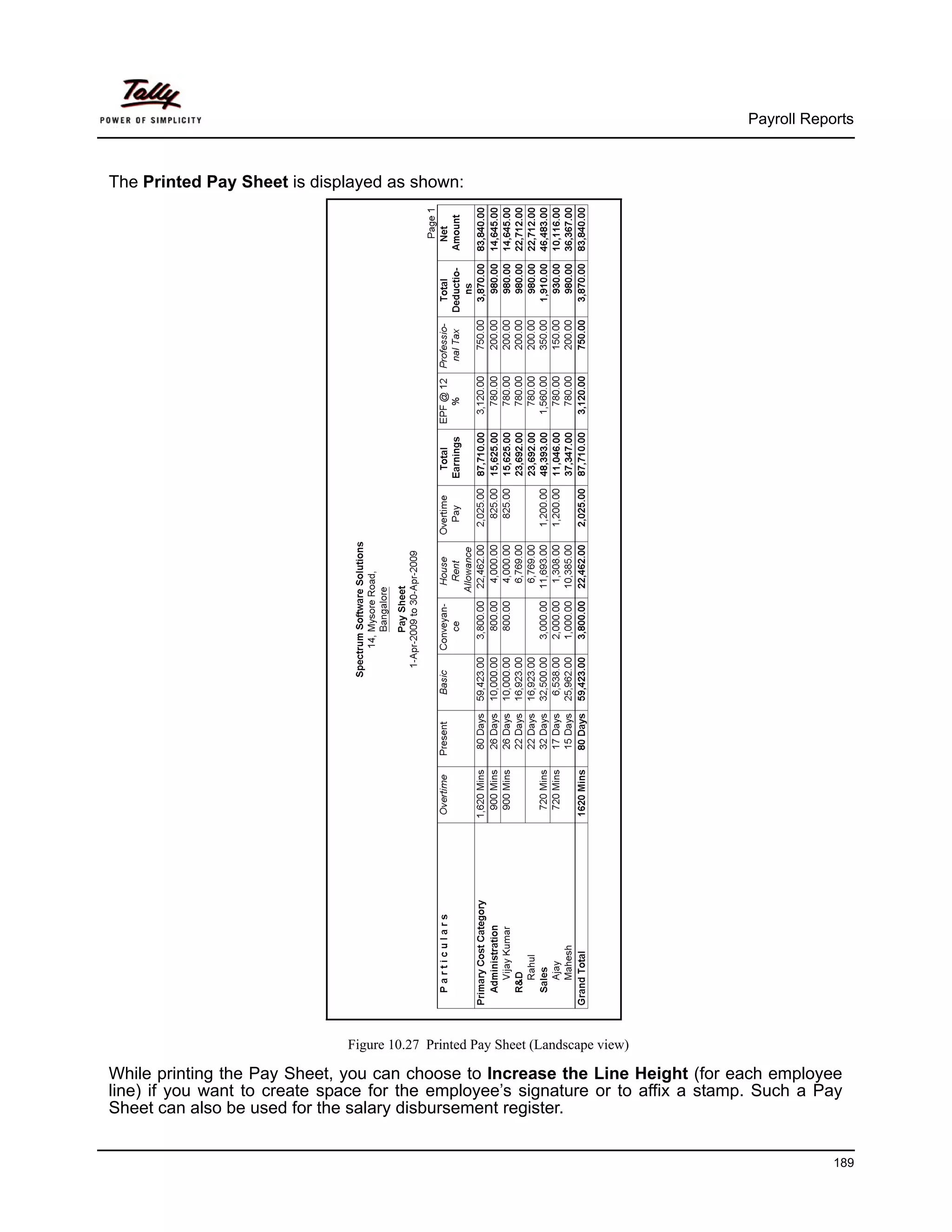 Payroll Reports



The Printed Pay Sheet is displayed as shown:




                              Figure 10.27 Printed Pay Sheet (Landscape view)

While printing the Pay Sheet, you can choose to Increase the Line Height (for each employee
line) if you want to create space for the employee’s signature or to affix a stamp. Such a Pay
Sheet can also be used for the salary disbursement register.


                                                                                             189
 