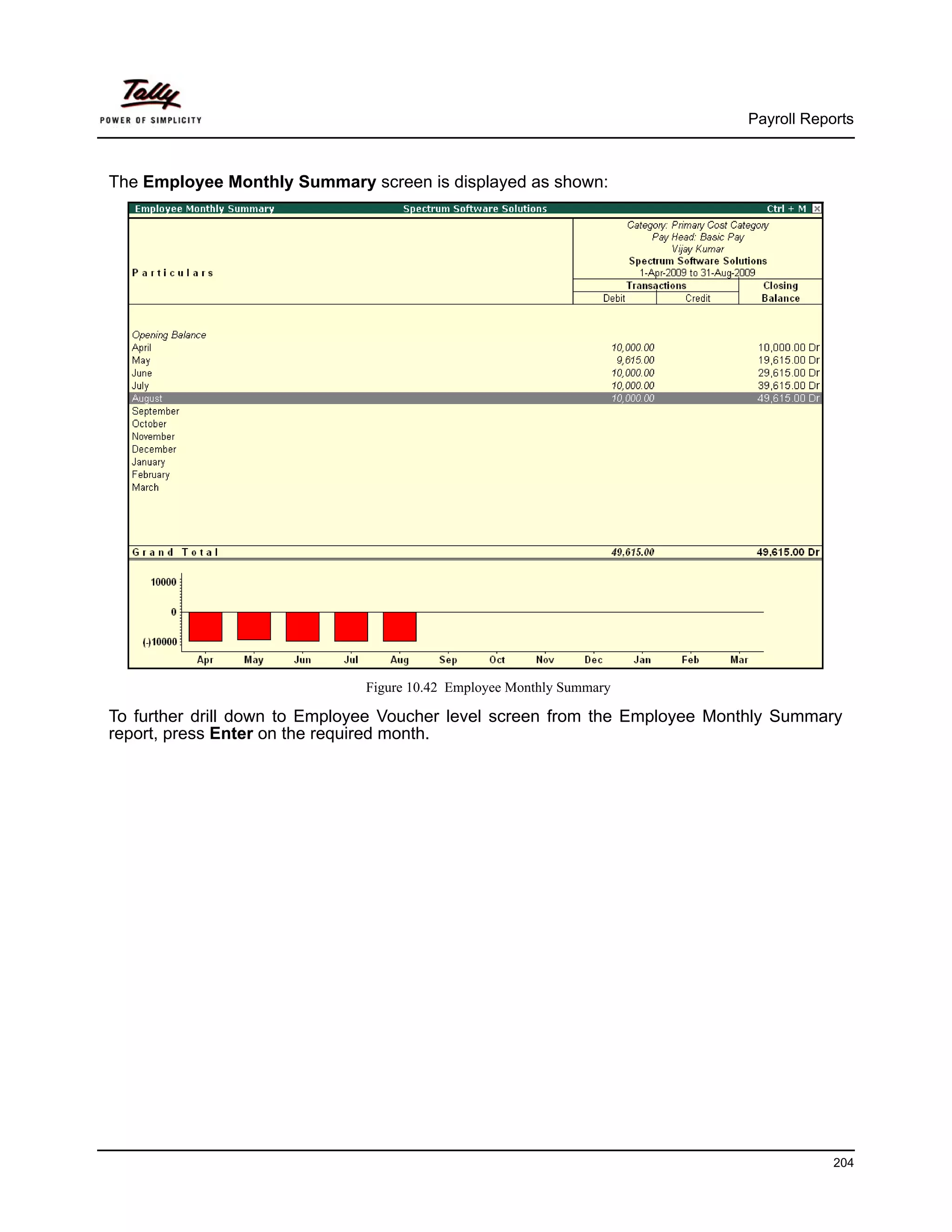 Payroll Reports



The Employee Monthly Summary screen is displayed as shown:




                              Figure 10.42 Employee Monthly Summary

To further drill down to Employee Voucher level screen from the Employee Monthly Summary
report, press Enter on the required month.




                                                                                        204
 