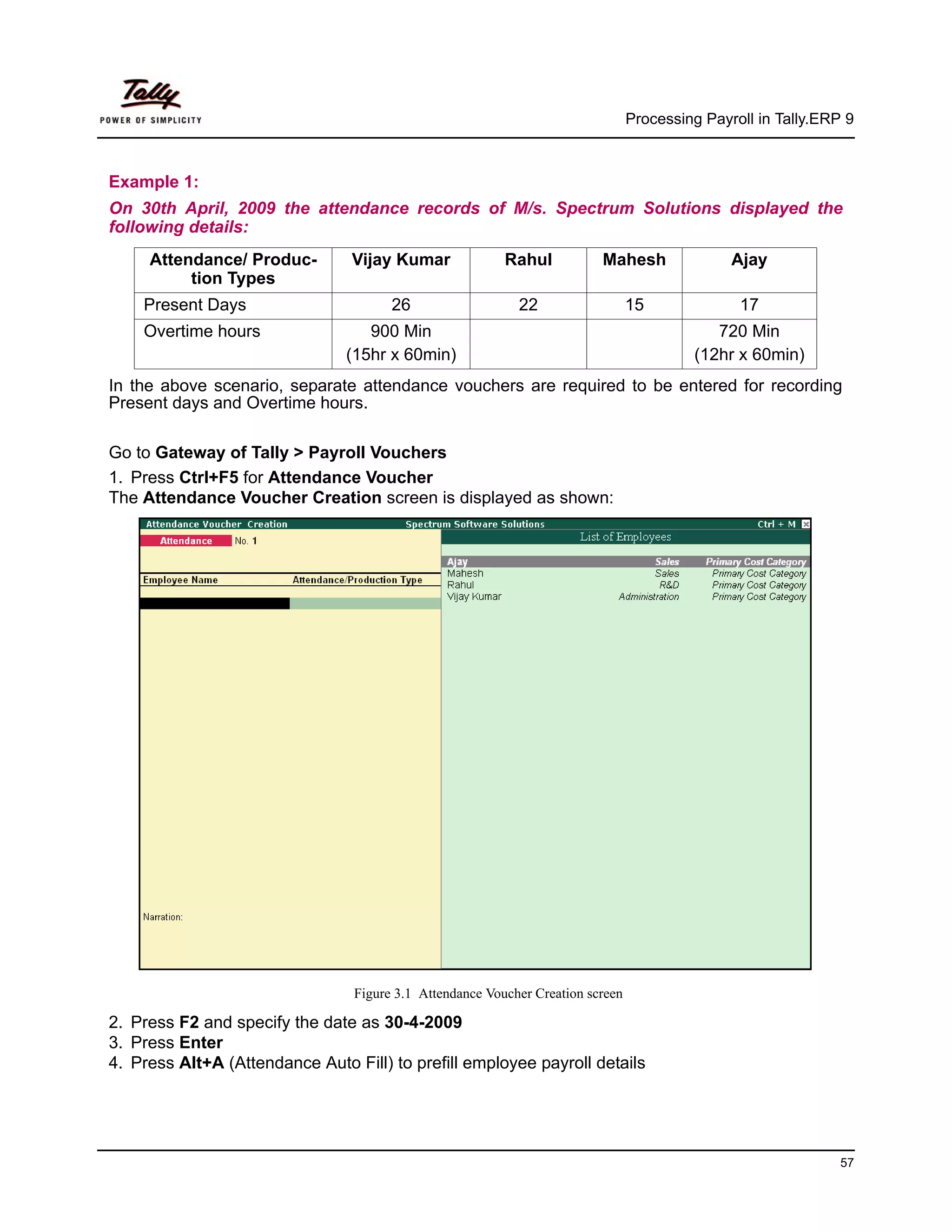Processing Payroll in Tally.ERP 9



Example 1:
On 30th April, 2009 the attendance records of M/s. Spectrum Solutions displayed the
following details:
     Attendance/ Produc-         Vijay Kumar              Rahul           Mahesh                Ajay
          tion Types
    Present Days                       26                   22                   15              17
    Overtime hours                 900 Min                                                   720 Min
                                (15hr x 60min)                                            (12hr x 60min)
In the above scenario, separate attendance vouchers are required to be entered for recording
Present days and Overtime hours.

Go to Gateway of Tally > Payroll Vouchers
1. Press Ctrl+F5 for Attendance Voucher
The Attendance Voucher Creation screen is displayed as shown:




                                 Figure 3.1 Attendance Voucher Creation screen

2. Press F2 and specify the date as 30-4-2009
3. Press Enter
4. Press Alt+A (Attendance Auto Fill) to prefill employee payroll details




                                                                                                                57
 