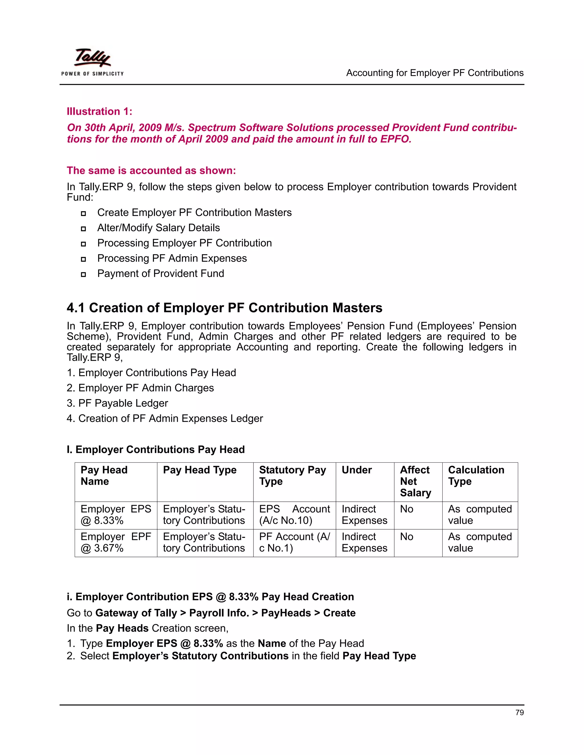 Accounting for Employer PF Contributions



Illustration 1:
On 30th April, 2009 M/s. Spectrum Software Solutions processed Provident Fund contribu-
tions for the month of April 2009 and paid the amount in full to EPFO.


The same is accounted as shown:
In Tally.ERP 9, follow the steps given below to process Employer contribution towards Provident
Fund:
        Create Employer PF Contribution Masters
        Alter/Modify Salary Details
        Processing Employer PF Contribution
        Processing PF Admin Expenses
        Payment of Provident Fund


4.1 Creation of Employer PF Contribution Masters
In Tally.ERP 9, Employer contribution towards Employees’ Pension Fund (Employees’ Pension
Scheme), Provident Fund, Admin Charges and other PF related ledgers are required to be
created separately for appropriate Accounting and reporting. Create the following ledgers in
Tally.ERP 9,
1. Employer Contributions Pay Head
2. Employer PF Admin Charges
3. PF Payable Ledger
4. Creation of PF Admin Expenses Ledger

I. Employer Contributions Pay Head
   Pay Head         Pay Head Type        Statutory Pay    Under        Affect    Calculation
   Name                                  Type                          Net       Type
                                                                       Salary
   Employer EPS     Employer’s Statu-    EPS Account      Indirect     No        As computed
   @ 8.33%          tory Contributions   (A/c No.10)      Expenses               value
   Employer EPF     Employer’s Statu-    PF Account (A/   Indirect     No        As computed
   @ 3.67%          tory Contributions   c No.1)          Expenses               value



i. Employer Contribution EPS @ 8.33% Pay Head Creation
Go to Gateway of Tally > Payroll Info. > PayHeads > Create
In the Pay Heads Creation screen,
1. Type Employer EPS @ 8.33% as the Name of the Pay Head
2. Select Employer’s Statutory Contributions in the field Pay Head Type




                                                                                                 79
 