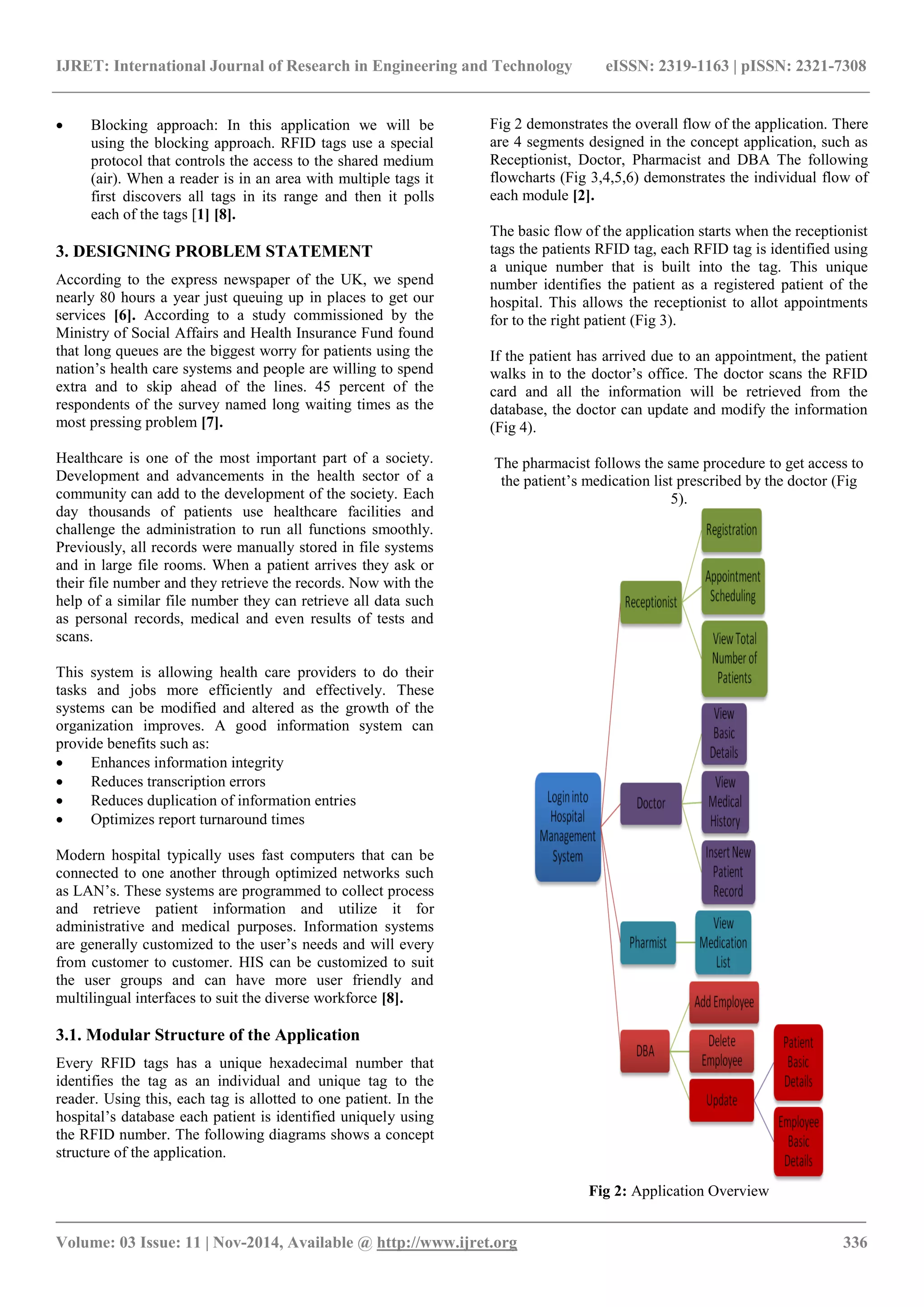 IJRET: International Journal of Research in Engineering and Technology eISSN: 2319-1163 | pISSN: 2321-7308
_______________________________________________________________________________________
Volume: 03 Issue: 11 | Nov-2014, Available @ http://www.ijret.org 336
 Blocking approach: In this application we will be
using the blocking approach. RFID tags use a special
protocol that controls the access to the shared medium
(air). When a reader is in an area with multiple tags it
first discovers all tags in its range and then it polls
each of the tags [1] [8].
3. DESIGNING PROBLEM STATEMENT
According to the express newspaper of the UK, we spend
nearly 80 hours a year just queuing up in places to get our
services [6]. According to a study commissioned by the
Ministry of Social Affairs and Health Insurance Fund found
that long queues are the biggest worry for patients using the
nation’s health care systems and people are willing to spend
extra and to skip ahead of the lines. 45 percent of the
respondents of the survey named long waiting times as the
most pressing problem [7].
Healthcare is one of the most important part of a society.
Development and advancements in the health sector of a
community can add to the development of the society. Each
day thousands of patients use healthcare facilities and
challenge the administration to run all functions smoothly.
Previously, all records were manually stored in file systems
and in large file rooms. When a patient arrives they ask or
their file number and they retrieve the records. Now with the
help of a similar file number they can retrieve all data such
as personal records, medical and even results of tests and
scans.
This system is allowing health care providers to do their
tasks and jobs more efficiently and effectively. These
systems can be modified and altered as the growth of the
organization improves. A good information system can
provide benefits such as:
 Enhances information integrity
 Reduces transcription errors
 Reduces duplication of information entries
 Optimizes report turnaround times
Modern hospital typically uses fast computers that can be
connected to one another through optimized networks such
as LAN’s. These systems are programmed to collect process
and retrieve patient information and utilize it for
administrative and medical purposes. Information systems
are generally customized to the user’s needs and will every
from customer to customer. HIS can be customized to suit
the user groups and can have more user friendly and
multilingual interfaces to suit the diverse workforce [8].
3.1. Modular Structure of the Application
Every RFID tags has a unique hexadecimal number that
identifies the tag as an individual and unique tag to the
reader. Using this, each tag is allotted to one patient. In the
hospital’s database each patient is identified uniquely using
the RFID number. The following diagrams shows a concept
structure of the application.
Fig 2 demonstrates the overall flow of the application. There
are 4 segments designed in the concept application, such as
Receptionist, Doctor, Pharmacist and DBA The following
flowcharts (Fig 3,4,5,6) demonstrates the individual flow of
each module [2].
The basic flow of the application starts when the receptionist
tags the patients RFID tag, each RFID tag is identified using
a unique number that is built into the tag. This unique
number identifies the patient as a registered patient of the
hospital. This allows the receptionist to allot appointments
for to the right patient (Fig 3).
If the patient has arrived due to an appointment, the patient
walks in to the doctor’s office. The doctor scans the RFID
card and all the information will be retrieved from the
database, the doctor can update and modify the information
(Fig 4).
The pharmacist follows the same procedure to get access to
the patient’s medication list prescribed by the doctor (Fig
5).
Fig 2: Application Overview
 