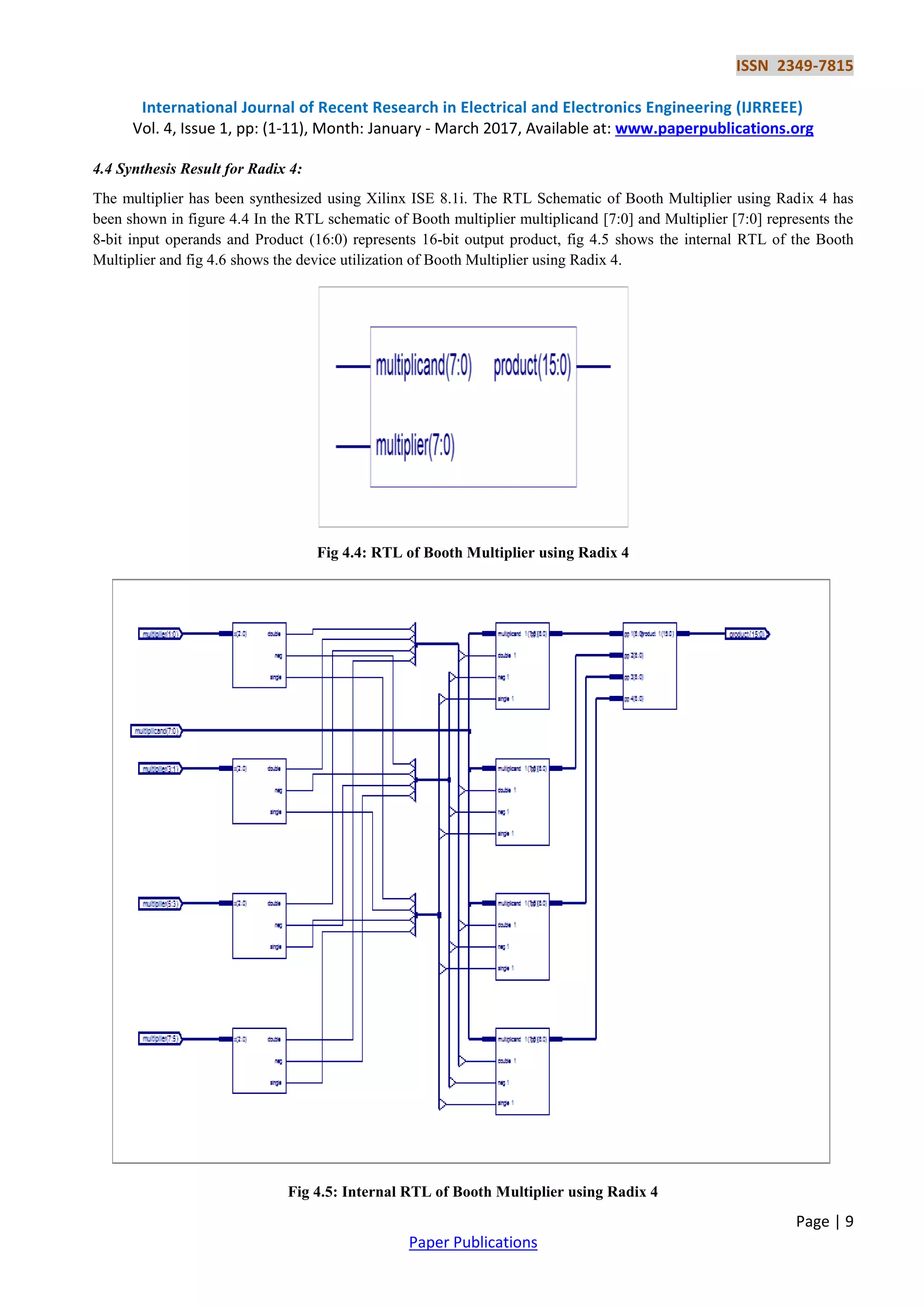 ISSN 2349-7815
International Journal of Recent Research in Electrical and Electronics Engineering (IJRREEE)
Vol. 4, Issue 1, pp: (1-11), Month: January - March 2017, Available at: www.paperpublications.org
Page | 9
Paper Publications
4.4 Synthesis Result for Radix 4:
The multiplier has been synthesized using Xilinx ISE 8.1i. The RTL Schematic of Booth Multiplier using Radix 4 has
been shown in figure 4.4 In the RTL schematic of Booth multiplier multiplicand [7:0] and Multiplier [7:0] represents the
8-bit input operands and Product (16:0) represents 16-bit output product, fig 4.5 shows the internal RTL of the Booth
Multiplier and fig 4.6 shows the device utilization of Booth Multiplier using Radix 4.
Fig 4.4: RTL of Booth Multiplier using Radix 4
Fig 4.5: Internal RTL of Booth Multiplier using Radix 4
 