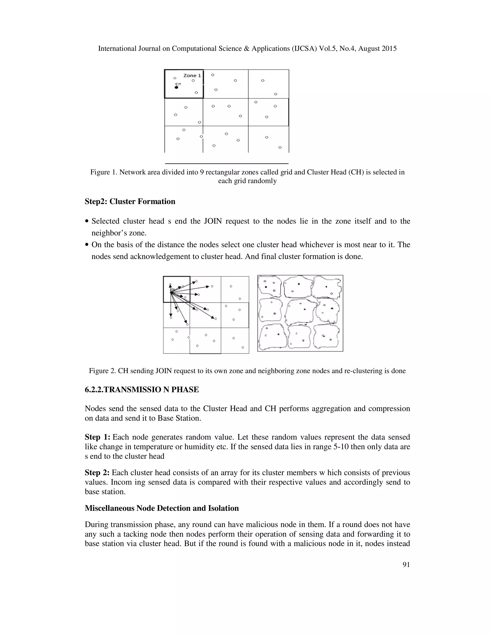 International Journal on Computational Science & Applications (IJCSA) Vol.5, No.4, August 2015 91 Figure 1. Network area divided into 9 rectangular zones called grid and Cluster Head (CH) is selected in each grid randomly Step2: Cluster Formation • Selected cluster head s end the JOIN request to the nodes lie in the zone itself and to the neighbor’s zone. • On the basis of the distance the nodes select one cluster head whichever is most near to it. The nodes send acknowledgement to cluster head. And final cluster formation is done. Figure 2. CH sending JOIN request to its own zone and neighboring zone nodes and re-clustering is done 6.2.2.TRANSMISSIO N PHASE Nodes send the sensed data to the Cluster Head and CH performs aggregation and compression on data and send it to Base Station. Step 1: Each node generates random value. Let these random values represent the data sensed like change in temperature or humidity etc. If the sensed data lies in range 5-10 then only data are s end to the cluster head Step 2: Each cluster head consists of an array for its cluster members w hich consists of previous values. Incom ing sensed data is compared with their respective values and accordingly send to base station. Miscellaneous Node Detection and Isolation During transmission phase, any round can have malicious node in them. If a round does not have any such a tacking node then nodes perform their operation of sensing data and forwarding it to base station via cluster head. But if the round is found with a malicious node in it, nodes instead 