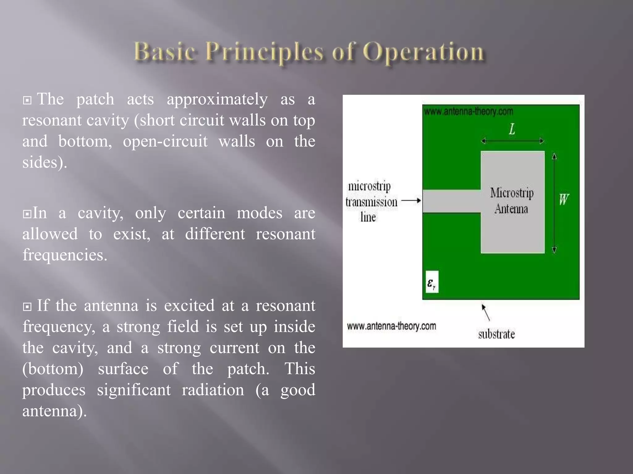  The patch acts approximately as a
resonant cavity (short circuit walls on top
and bottom, open-circuit walls on the
sides).
In a cavity, only certain modes are
allowed to exist, at different resonant
frequencies.
 If the antenna is excited at a resonant
frequency, a strong field is set up inside
the cavity, and a strong current on the
(bottom) surface of the patch. This
produces significant radiation (a good
antenna).
 