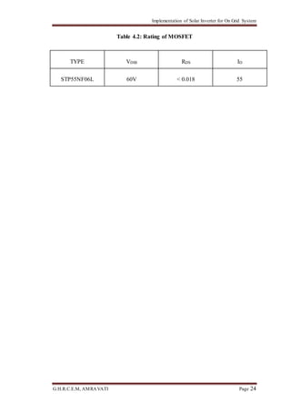 Implementation of Solar Inverter for On Grid System
G.H.R.C.E.M, AMRAVATI Page 24
Table 4.2: Rating of MOSFET
TYPE VDSS RDS ID
STP55NF06L 60V < 0.018 55
 