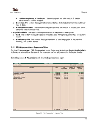 Reports
119
Taxable Expenses & Advances: This field displays the total amount of taxable
expenses and total tax amount
Deducted: This section displays the total amount of tax deducted at normal rate or at lower
rate till Date.
Balance Deductable: This section displays the balance tax amount to be deducted either
at normal rate or at lower rate.
2. Payment Details: This section displays the details of tax paid and tax Payable.
Paid: This section displays the details of total tax paid in the previous month(s) and current
month
Balance Payable: This section displays the details of total tax payable in the previous
month(s) and current month
3.2.1 TDS Computation – Expenses Wise
To view Expense wise - TDS Computation press Enter on any particular Deduction Details to
drill down to a report that displays all the expenses marked with respective deduction details.
Select Expenses & Advances to drill down to Expenses Wise report
Figure 3.3 TDS Computation – Expenses Wise
 