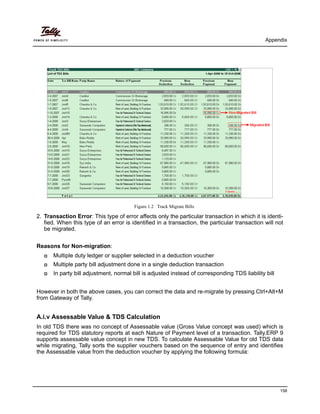 Appendix
158
Figure 1.2 Track Migrate Bills
2. Transaction Error: This type of error affects only the particular transaction in which it is identi-
fied. When this type of an error is identified in a transaction, the particular transaction will not
be migrated.
Reasons for Non-migration:
Multiple duty ledger or supplier selected in a deduction voucher
Multiple party bill adjustment done in a single deduction transaction
In party bill adjustment, normal bill is adjusted instead of corresponding TDS liability bill
However in both the above cases, you can correct the data and re-migrate by pressing Ctrl+Alt+M
from Gateway of Tally.
A.i.v Assessable Value & TDS Calculation
In old TDS there was no concept of Assessable value (Gross Value concept was used) which is
required for TDS statutory reports at each Nature of Payment level of a transaction. Tally.ERP 9
supports assessable value concept in new TDS. To calculate Assessable Value for old TDS data
while migrating, Tally sorts the supplier vouchers based on the sequence of entry and identifies
the Assessable value from the deduction voucher by applying the following formula:
 