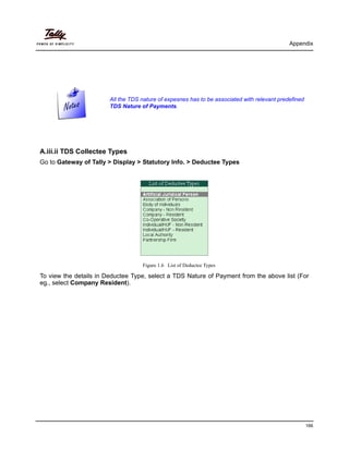 Appendix
166
A.iii.ii TDS Collectee Types
Go to Gateway of Tally > Display > Statutory Info. > Deductee Types
Figure 1.6 List of Deductee Types
To view the details in Deductee Type, select a TDS Nature of Payment from the above list (For
eg., select Company Resident).
All the TDS nature of expesnes has to be associated with relevant predefined
TDS Nature of Payments.
 