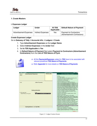 Transactions
17
1. Create Masters
i. Expenses Ledger
Create Expenses Ledger
Go to Gateway of Tally > Accounts Info. > Ledgers > Create
1. Type Advertisement Expenses as the Ledger Name
2. Select Indirect Expenses in the Under field
3. Set Is TDS Applicable to Yes
4. In Default Nature of Payment filed select Payment to Contractors (Advertisement
Contractors) from the List of TDS Nature of Pymt.
All the Payments/Expenses subject to TDS have to be associated with
relevant predefined TDS Nature of Payments.
Refer Appendix for more details on TDS Nature of Payments
Figure 2.1 Ledger Creation Screen
Ledger Under IS TDS
Applicable
Default Nature of Payment
Advertisement Expenses Indirect Expenses Yes Payment to Contractors
(Advertisement Contractors)
 