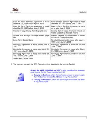 Introduction
3
As per Sec 44AB, Individual and HUF is also considered as assessee
under Income Tax Act, if such Individual and HUF
Carrying on Business, where the total sales, turnover or gross receipts
from the business exceeds Rs. 40 lakhs in any Previous Year
Carrying on Profession, where the total receipts exceeds Rs. 10 lakhs
in any previous year
3. The payment exceeds the TDS Exemption Limit specified in the Income Tax Act.
Fees for Tech. Services Agreement is made
after Feb. 29, 1964 before April 1, 1976
Fees for Tech. Services Agreement is made
after Mar 31, 1976 before June 1, 1997
Fees for Tech. Services Agreement is made
after May 31, 1997 before June 1, 2005
Fees for Tech. Services Agreement is made
on or after June 1, 2005
Income by way of Long-Term Capital Gains Income from Foreign Currency Bonds or
Global Depository Receipts (GDR)
Income from Foreign Exchange Assets paya-
ble
Interest payable by Government or Indian
concern in Foreign Currency
Long–Term Capital Gains Royalty(f) Agreement is made after May 31,
1997 before June 1, 2005
Royalty(f) Agreement is made before June 1,
1997
Royalty(f) Agreement is made on or after
June 1, 2005
Royalty(g) Agreement is made after March 31,
1961 before April 1, 1976
Royalty(g) Agreement is made after March
31, 1976 before June 1, 1997
Royalty(g) Agreement is made after March 31,
1997 before June 1, 2005
Royalty(g) Agreement is made on or after
June 1, 2005
Short–Term Capital Gains
 