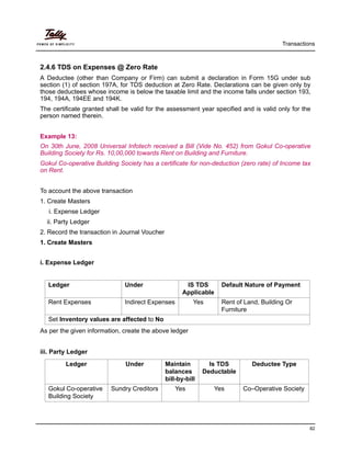 Transactions
82
2.4.6 TDS on Expenses @ Zero Rate
A Deductee (other than Company or Firm) can submit a declaration in Form 15G under sub
section (1) of section 197A, for TDS deduction at Zero Rate. Declarations can be given only by
those deductees whose income is below the taxable limit and the income falls under section 193,
194, 194A, 194EE and 194K.
The certificate granted shall be valid for the assessment year specified and is valid only for the
person named therein.
Example 13:
On 30th June, 2008 Universal Infotech received a Bill (Vide No. 452) from Gokul Co-operative
Building Society for Rs. 10,00,000 towards Rent on Building and Furniture.
Gokul Co-operative Building Society has a certificate for non-deduction (zero rate) of Income tax
on Rent.
To account the above transaction
1. Create Masters
i. Expense Ledger
ii. Party Ledger
2. Record the transaction in Journal Voucher
1. Create Masters
i. Expense Ledger
As per the given information, create the above ledger
iii. Party Ledger
Ledger Under IS TDS
Applicable
Default Nature of Payment
Rent Expenses Indirect Expenses Yes Rent of Land, Building Or
Furniture
Set Inventory values are affected to No
Ledger Under Maintain
balances
bill-by-bill
Is TDS
Deductable
Deductee Type
Gokul Co-operative
Building Society
Sundry Creditors Yes Yes Co–Operative Society
 