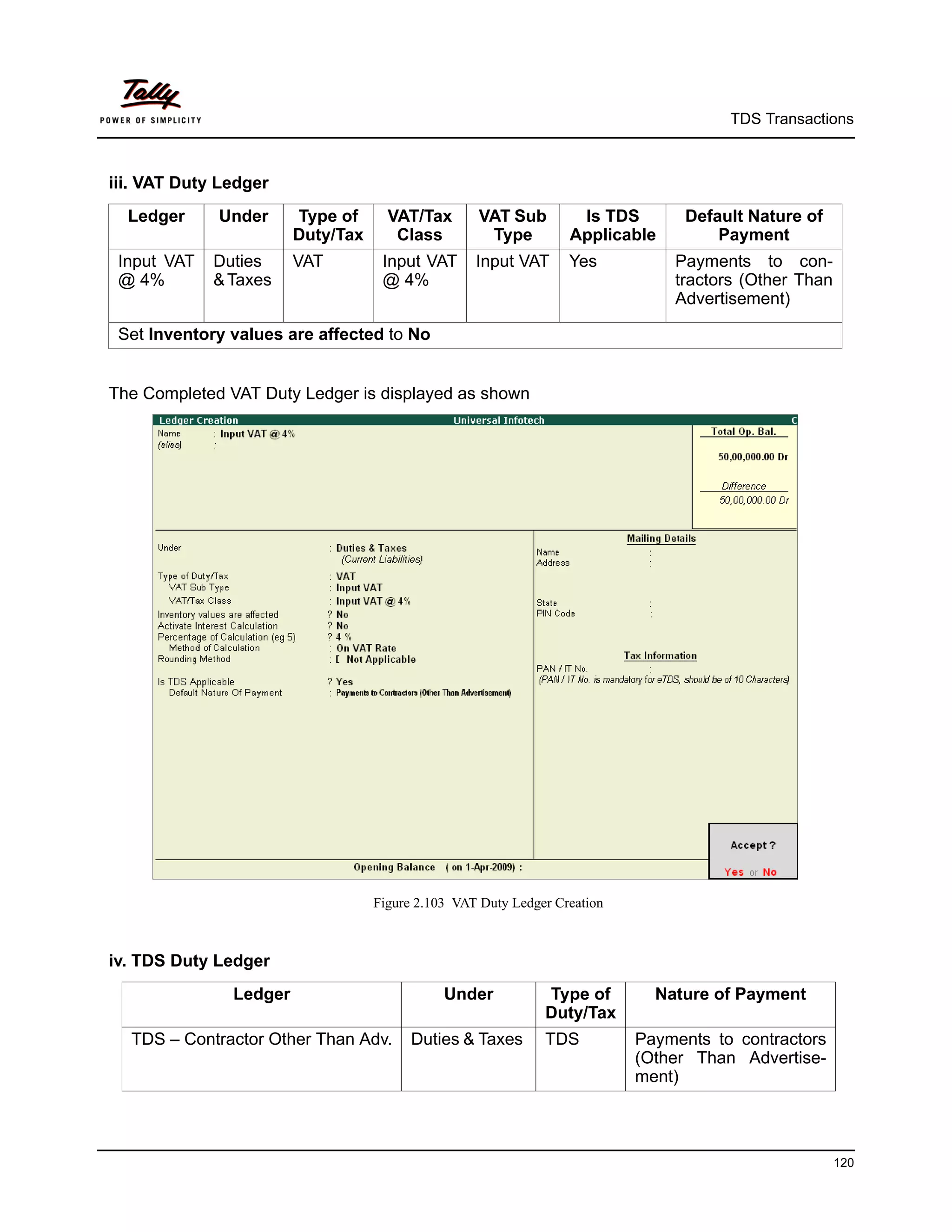 TDS Transactions



iii. VAT Duty Ledger
  Ledger     Under      Type of      VAT/Tax       VAT Sub         Is TDS        Default Nature of
                        Duty/Tax      Class         Type          Applicable         Payment
 Input VAT   Duties     VAT         Input VAT      Input VAT      Yes          Payments to con-
 @ 4%        & Taxes                @ 4%                                       tractors (Other Than
                                                                               Advertisement)

 Set Inventory values are affected to No


The Completed VAT Duty Ledger is displayed as shown




                                   Figure 2.103 VAT Duty Ledger Creation



iv. TDS Duty Ledger
               Ledger                         Under           Type of        Nature of Payment
                                                              Duty/Tax
  TDS – Contractor Other Than Adv.       Duties & Taxes       TDS          Payments to contractors
                                                                           (Other Than Advertise-
                                                                           ment)



                                                                                                      120
 