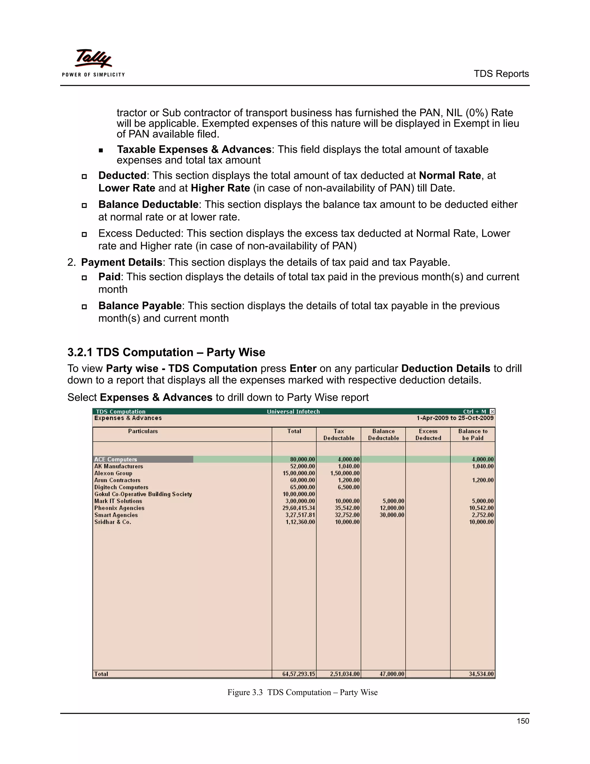 TDS Reports



           tractor or Sub contractor of transport business has furnished the PAN, NIL (0%) Rate
           will be applicable. Exempted expenses of this nature will be displayed in Exempt in lieu
           of PAN available filed.
        Taxable Expenses & Advances: This field displays the total amount of taxable
           expenses and total tax amount
      Deducted: This section displays the total amount of tax deducted at Normal Rate, at
       Lower Rate and at Higher Rate (in case of non-availability of PAN) till Date.
      Balance Deductable: This section displays the balance tax amount to be deducted either
       at normal rate or at lower rate.
      Excess Deducted: This section displays the excess tax deducted at Normal Rate, Lower
       rate and Higher rate (in case of non-availability of PAN)
2. Payment Details: This section displays the details of tax paid and tax Payable.
     Paid: This section displays the details of total tax paid in the previous month(s) and current
      month
      Balance Payable: This section displays the details of total tax payable in the previous
       month(s) and current month


3.2.1 TDS Computation – Party Wise
To view Party wise - TDS Computation press Enter on any particular Deduction Details to drill
down to a report that displays all the expenses marked with respective deduction details.
Select Expenses & Advances to drill down to Party Wise report




                                   Figure 3.3 TDS Computation – Party Wise


                                                                                                   150
 